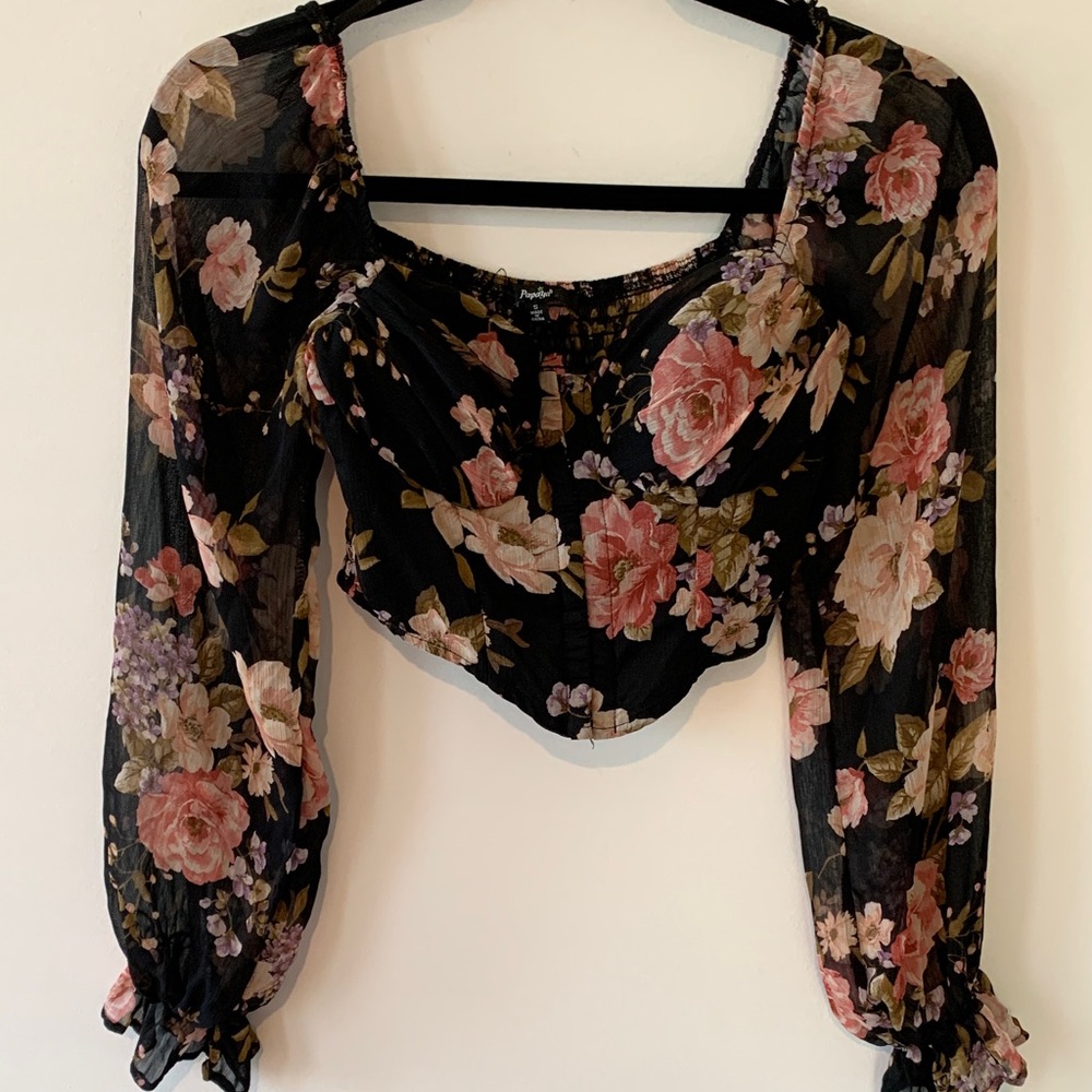 Papaya Black Floral Sheer Blouse cropped built in bra small